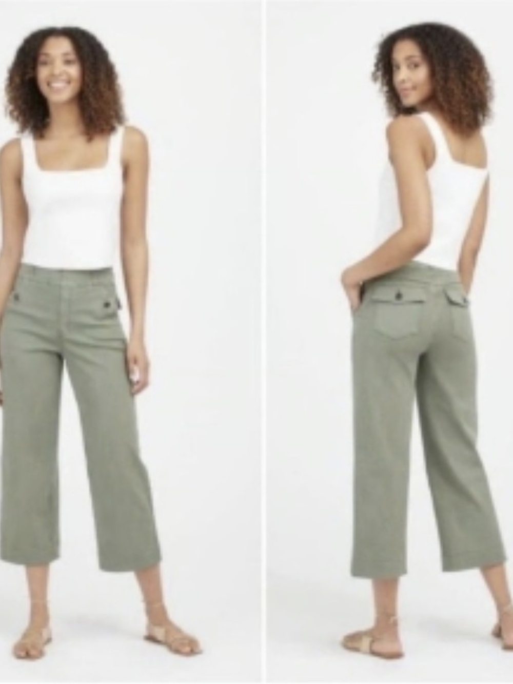 SPANX Cropped Wide-Leg Twill Utility Pants in Olive